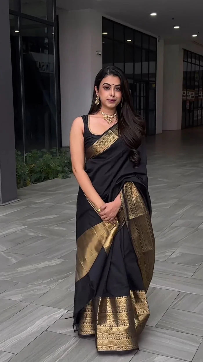 Latest Black Colour Silk Saree With Rich Pallu and Jhalar