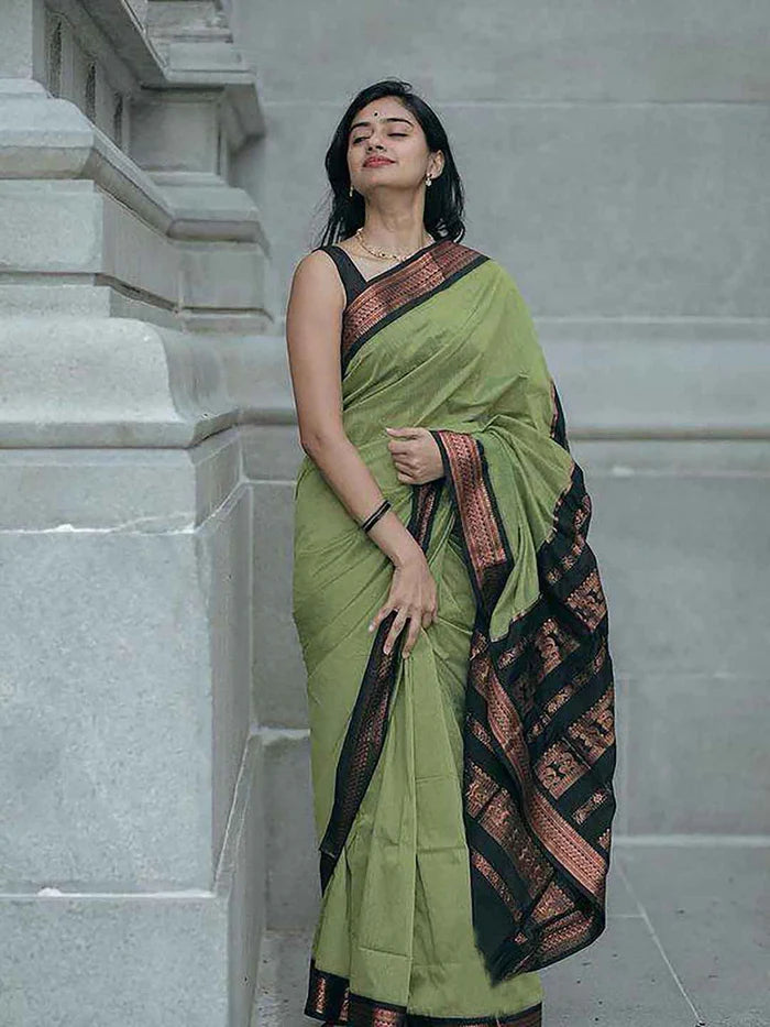 Pista Green Color Silk Saree With Rich Jacqaurd & Zari Border